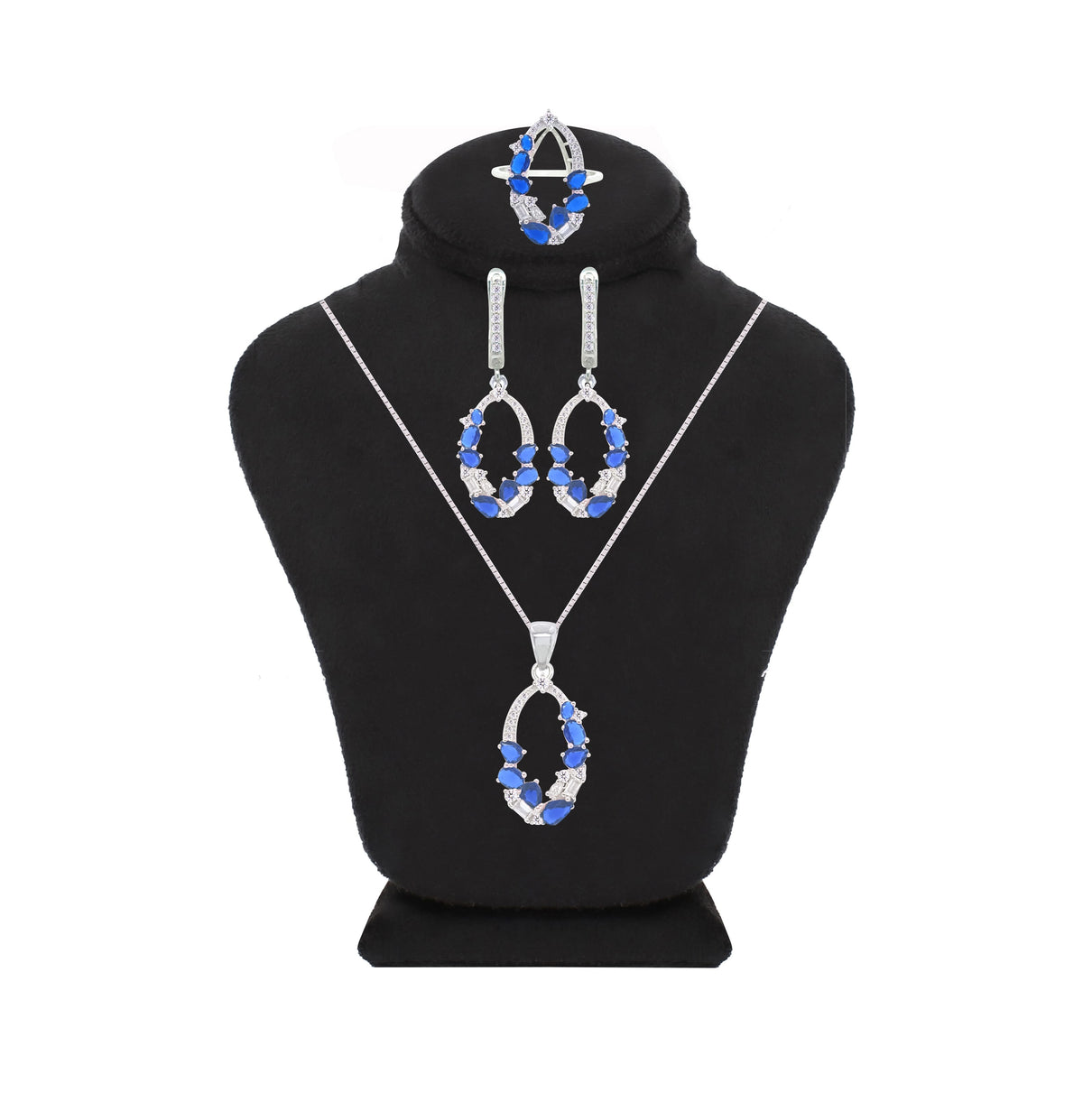 Asfour Crystal Jewelry Set With Blue Art Deco Design In 925 Sterling Silver-SD0065-WB-9