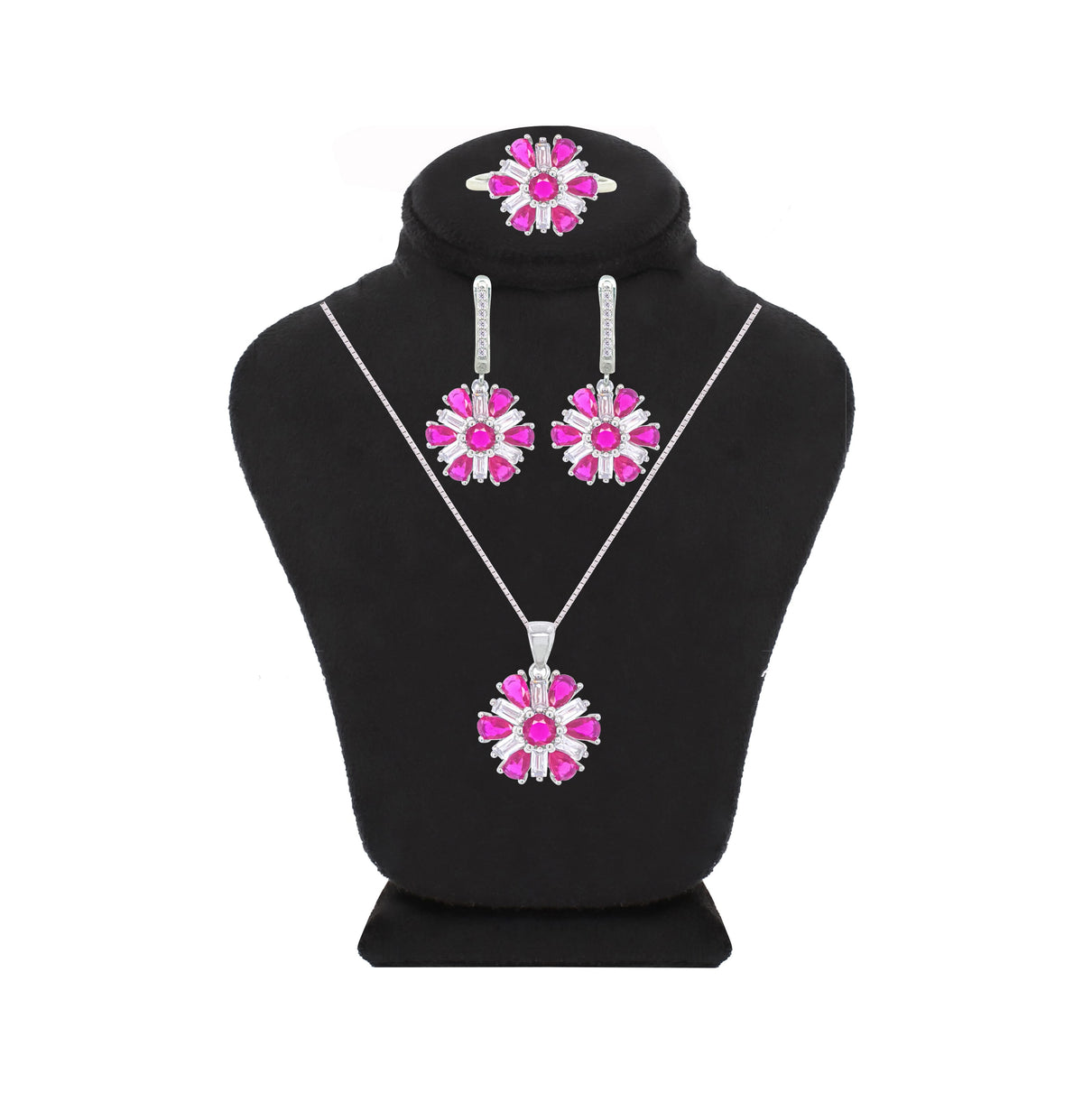 Asfour Crystal Jewelry Set With Fuchsia Flower Design In 925 Sterling Silver-SD0066-WF-9