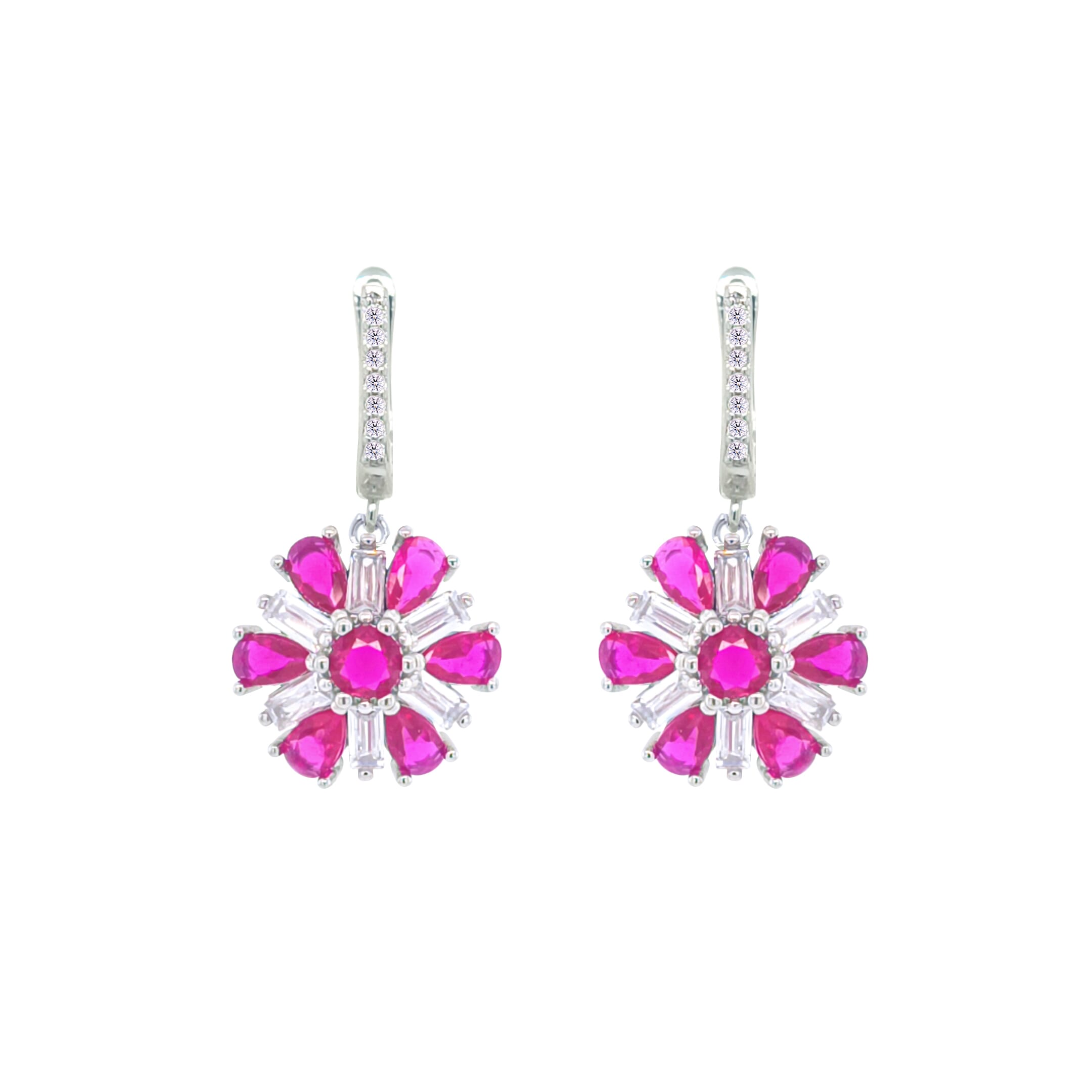 Asfour Crystal Jewelry Set With Fuchsia Flower Design In 925 Sterling Silver-SD0066-WF-9