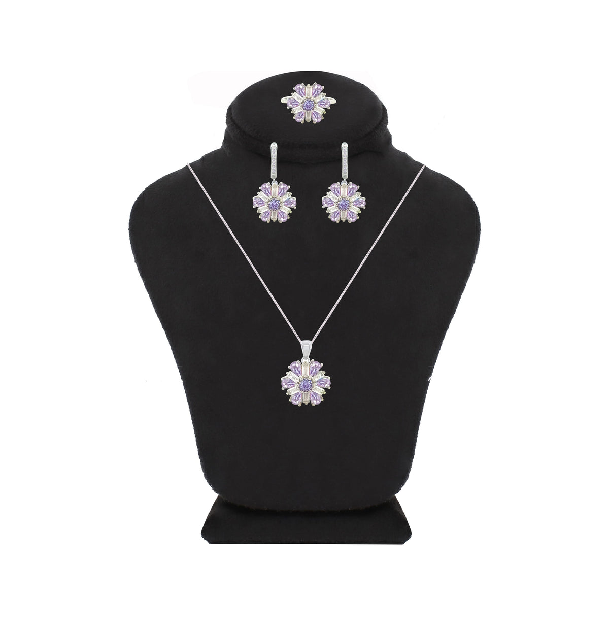 Asfour Crystal Jewelry Set With Tenzanite Flower Design In 925 Sterling Silver-SD0066-WN-8