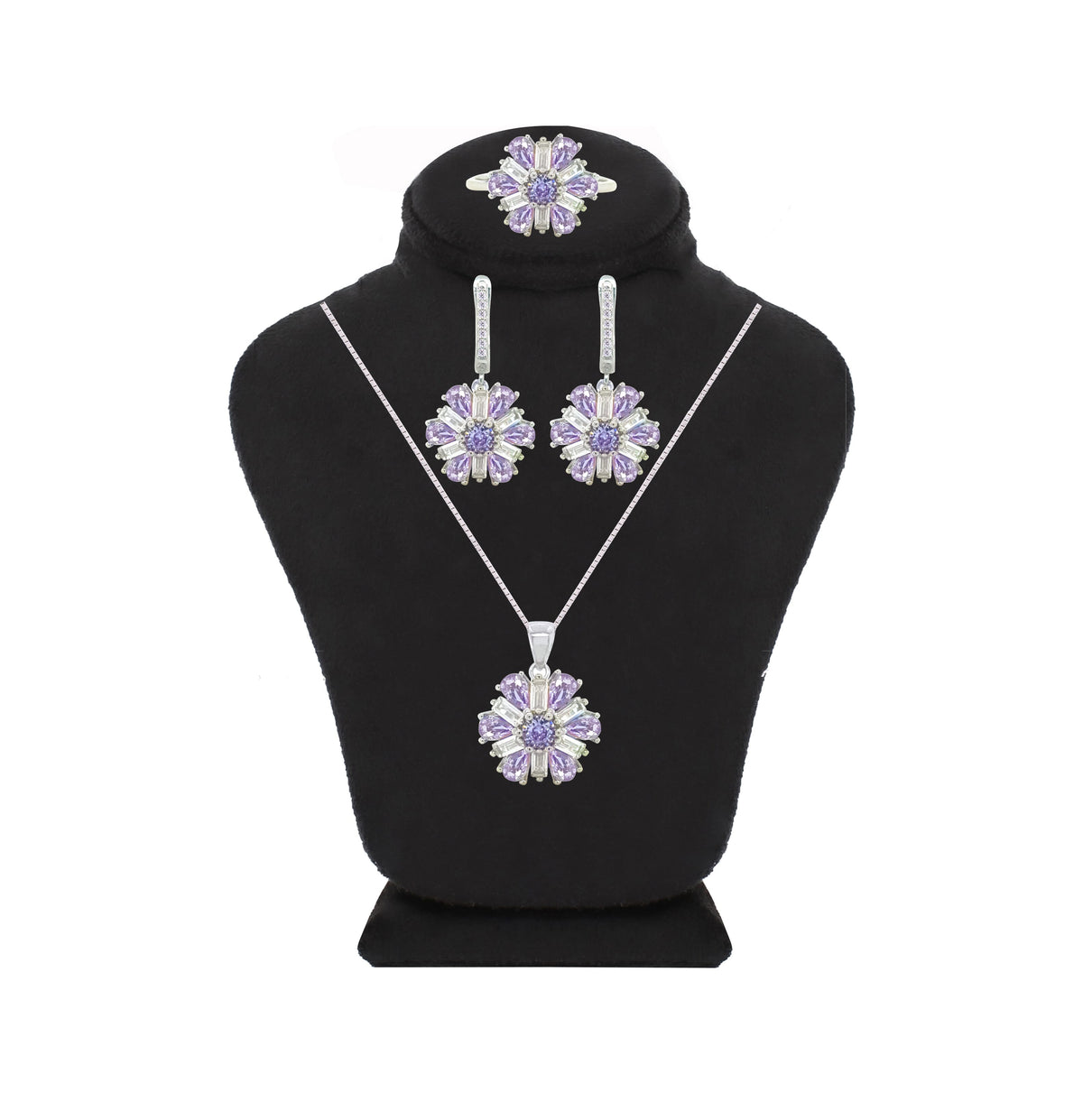 Asfour Crystal Jewelry Set With Tenzanite Flower Design In 925 Sterling Silver-SD0066-WN-8