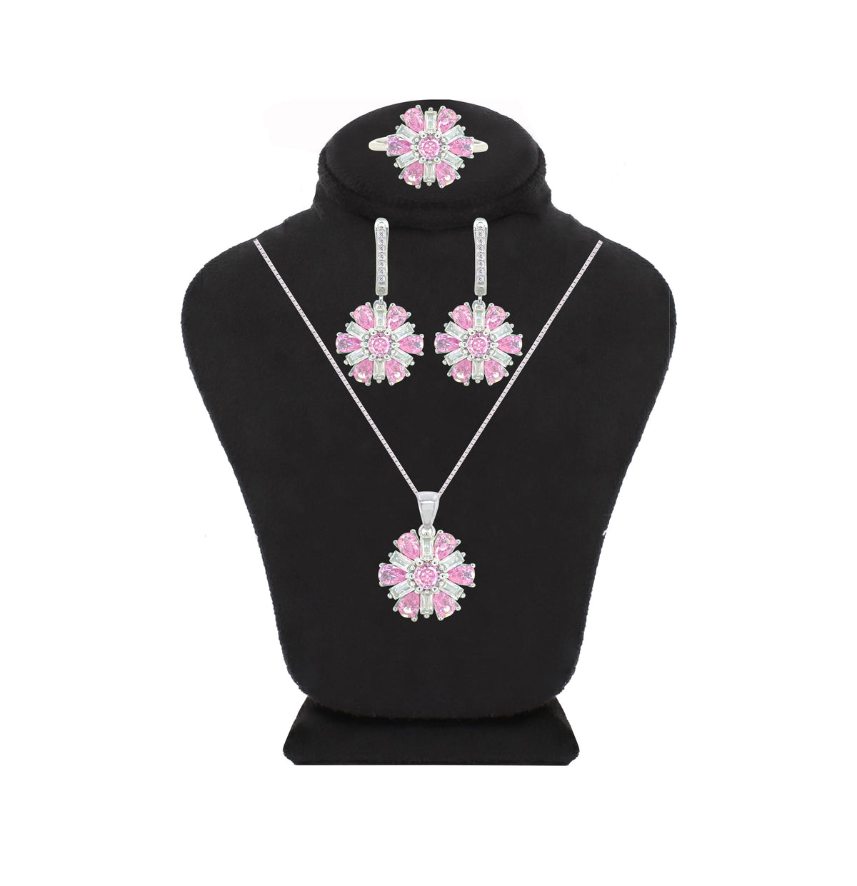 Asfour Crystal Jewelry Set With Rose Flower Design In 925 Sterling Silver-SD0066-WO-9