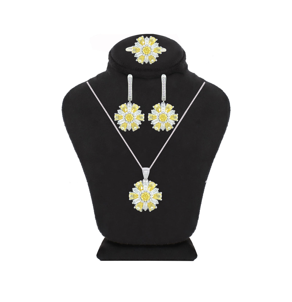 Asfour Crystal Jewelry Set With Yellow Flower Design In 925 Sterling Silver-SD0066-WY-7