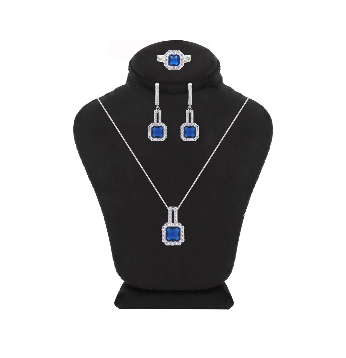 Asfour Crystal Jewelry Set With Blue Square Design In 925 Sterling Silver-SD0069-WB-7