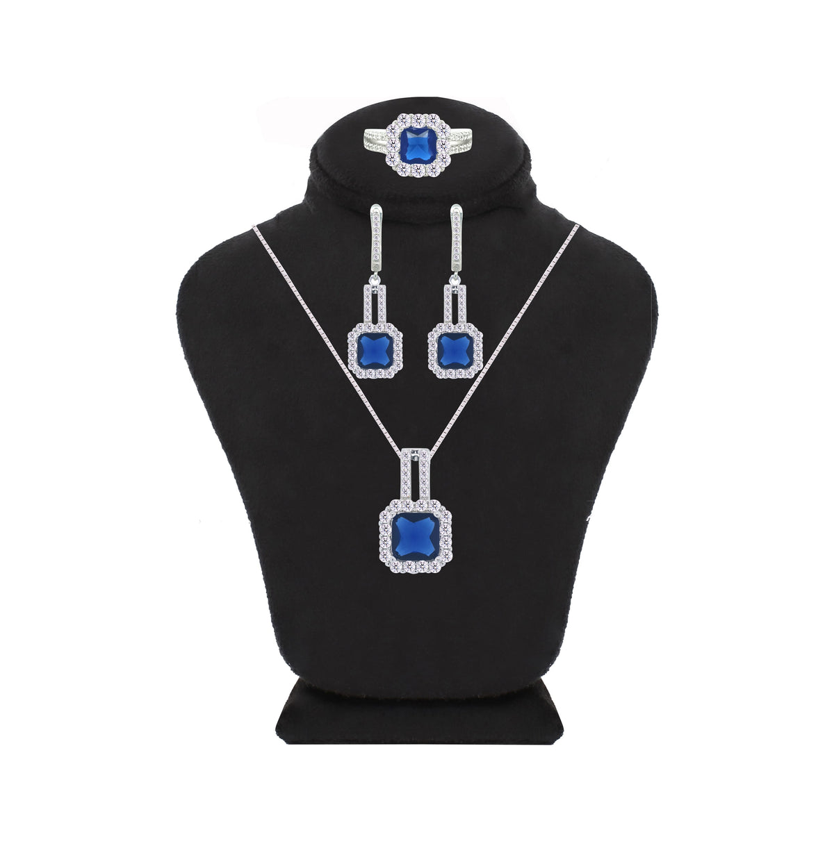 Asfour Crystal Jewelry Set With Blue Square Design In 925 Sterling Silver-SD0069-WB-7