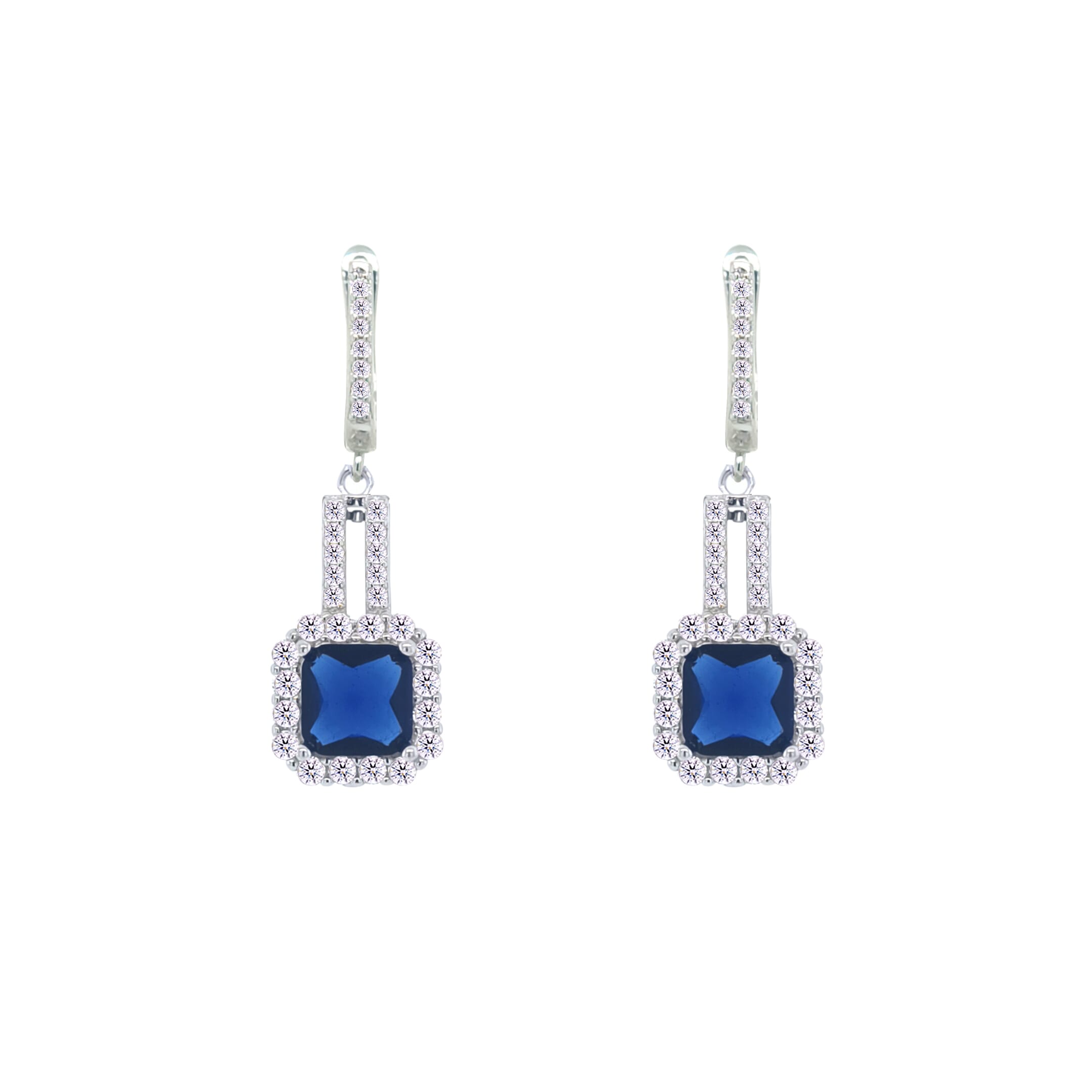 Asfour Crystal Jewelry Set With Blue Square Design In 925 Sterling Silver-SD0069-WB-7