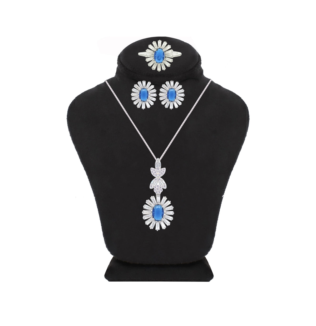 Asfour Crystal Jewelry Set With Blue Flower Design In 925 Sterling Silver-SD0070-WB-9