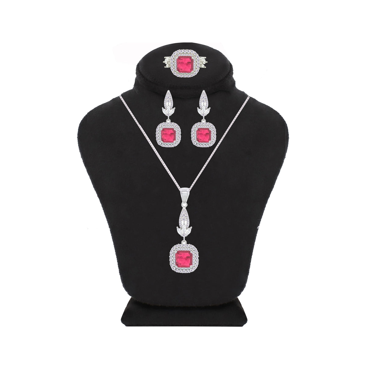 Asfour Crystal Jewelry Set With Fuchsia Square Design In 925 Sterling Silver-SD0073-F-8