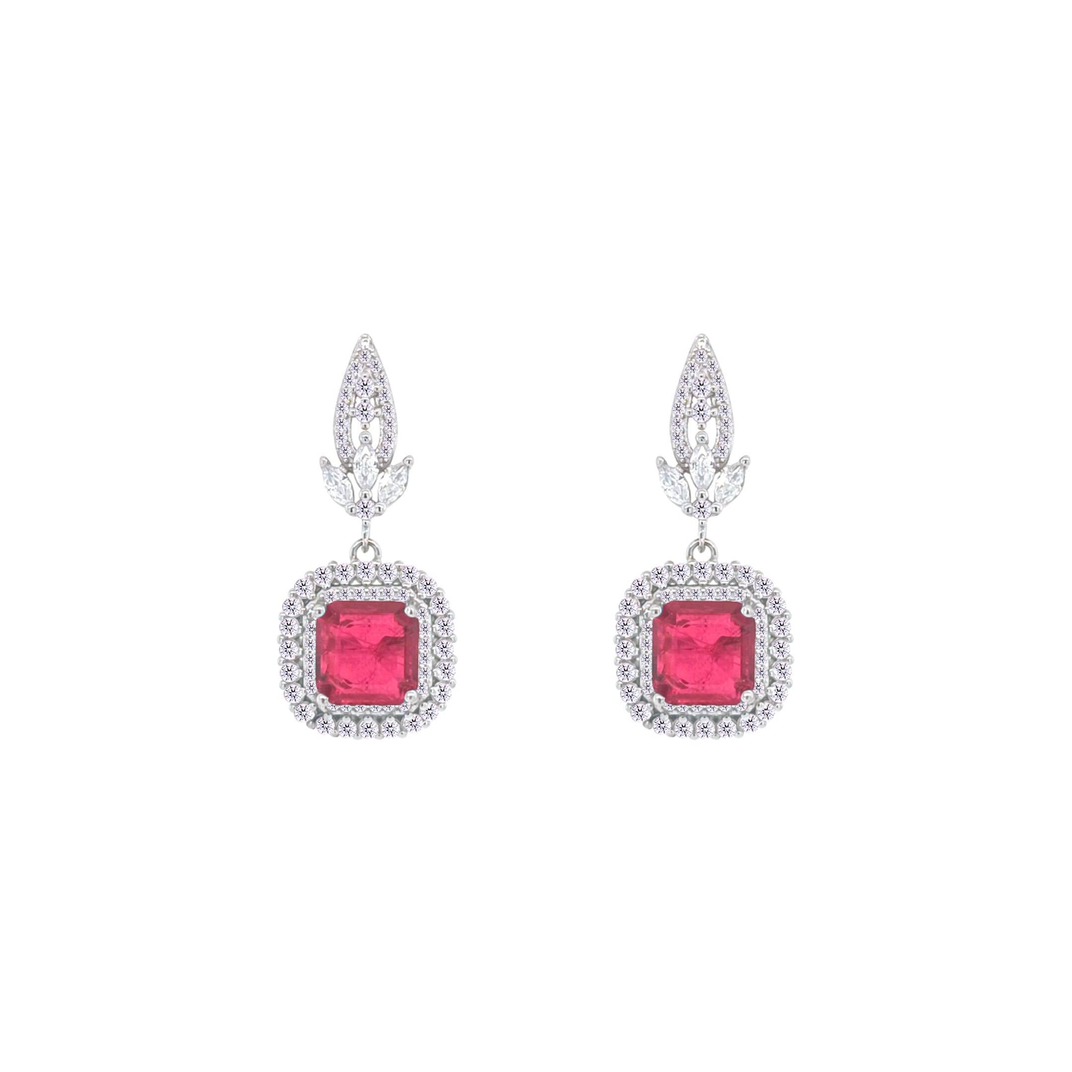 Asfour Crystal Jewelry Set With Fuchsia Square Design In 925 Sterling Silver-SD0073-F-8