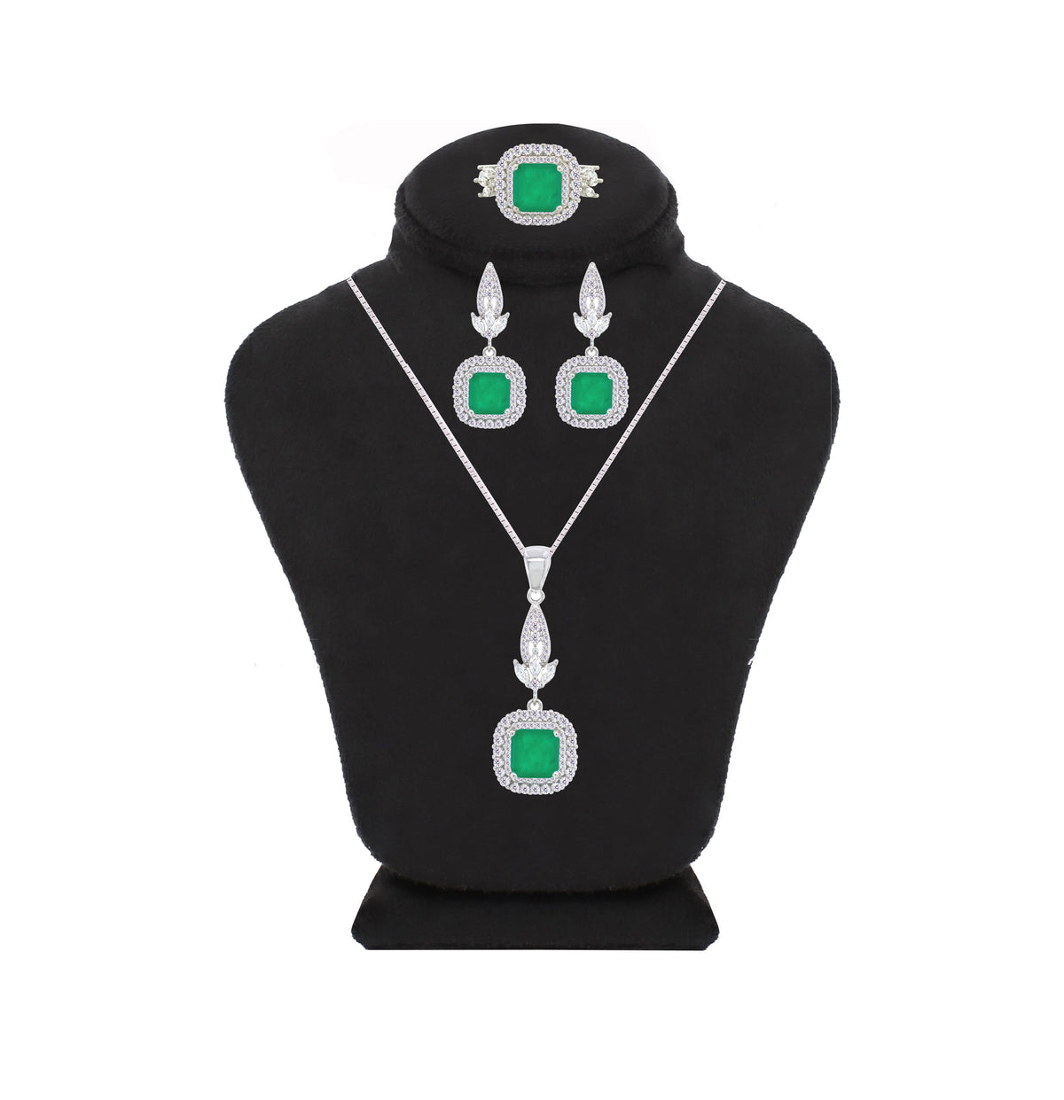 Asfour Crystal Jewelry Set With Emerald Square Design In 925 Sterling Silver-SD0073-G-8