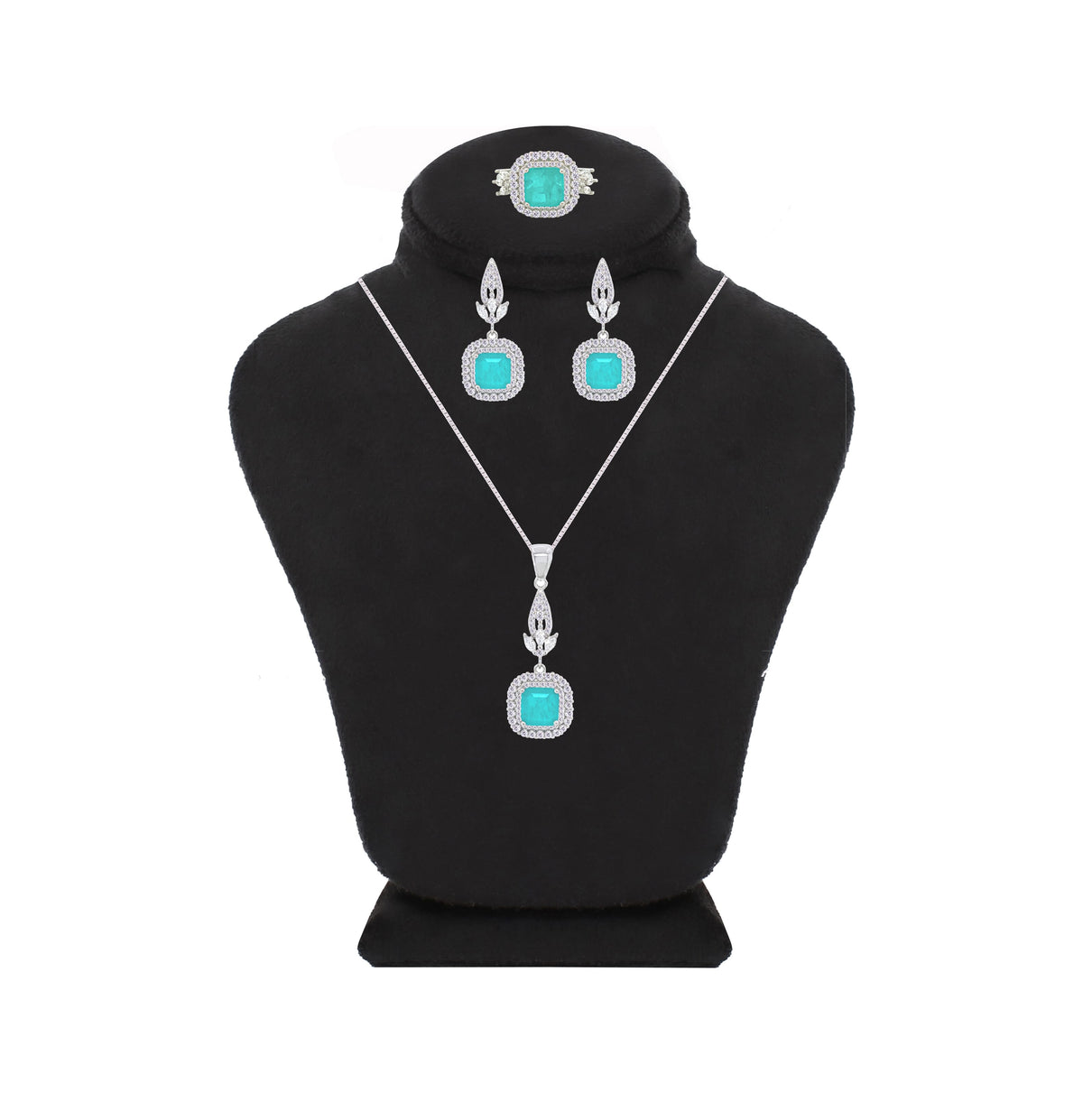 Asfour Crystal Jewelry Set With Turquoise Square Design In 925 Sterling Silver-SD0073-GC-8