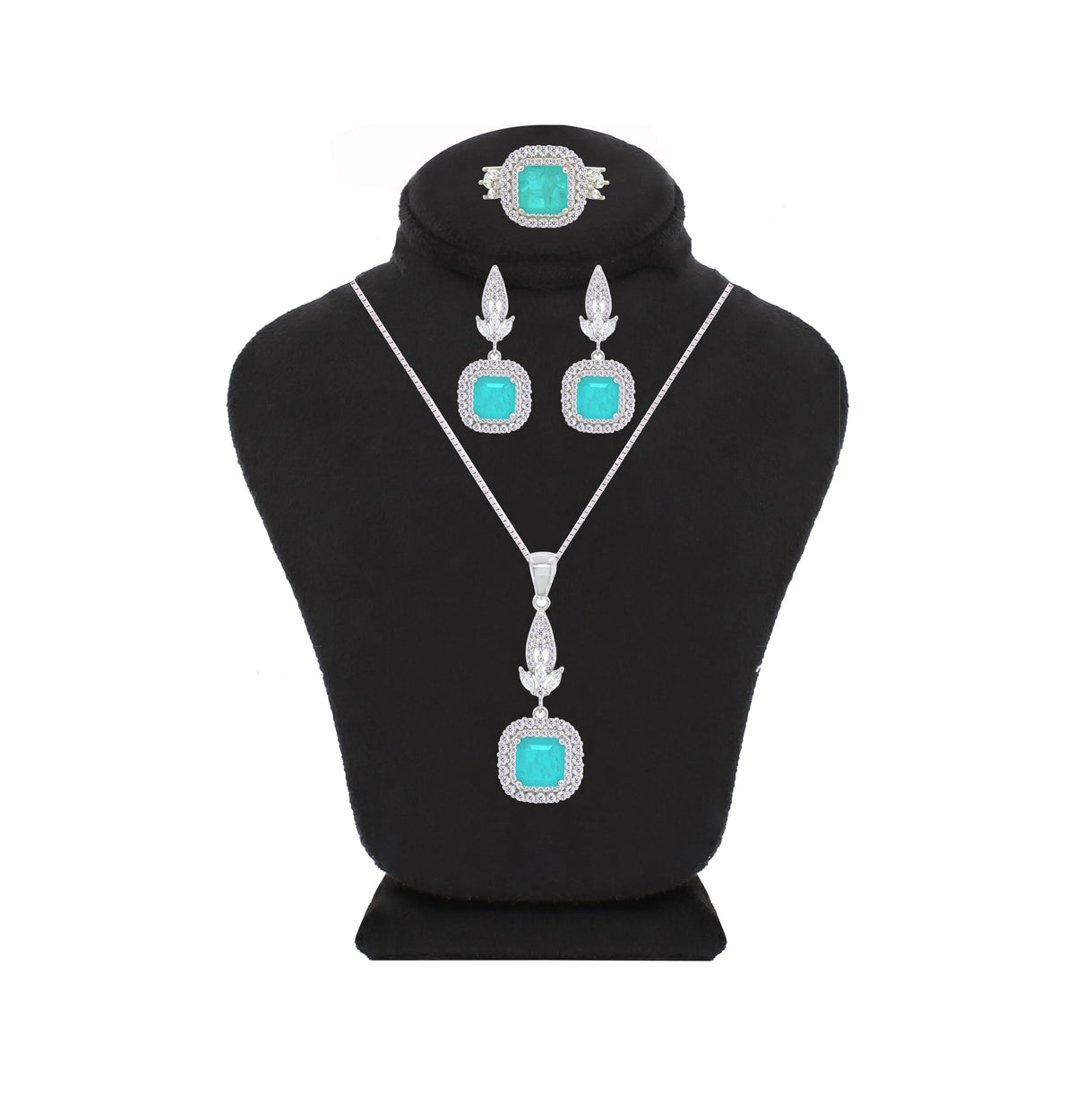 Asfour Crystal Jewelry Set With Turquoise Square Design In 925 Sterling Silver-SD0073-GC-8