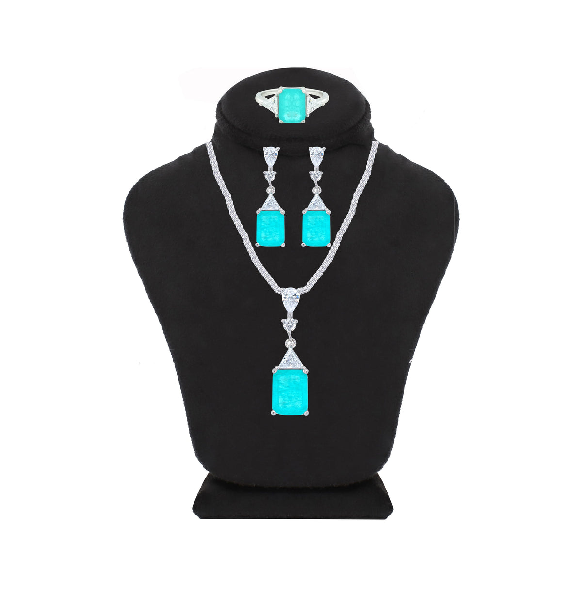 Asfour Crystal Jewelry Set With Light Turquoise Emerald Design In 925 Sterling Silver-SD0074-LGC-9