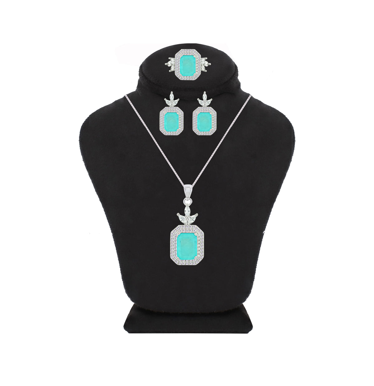 Asfour Crystal Jewelry Set With Light Turquoise Emerald Design In 925 Sterling Silver-SD0075-LGC-8