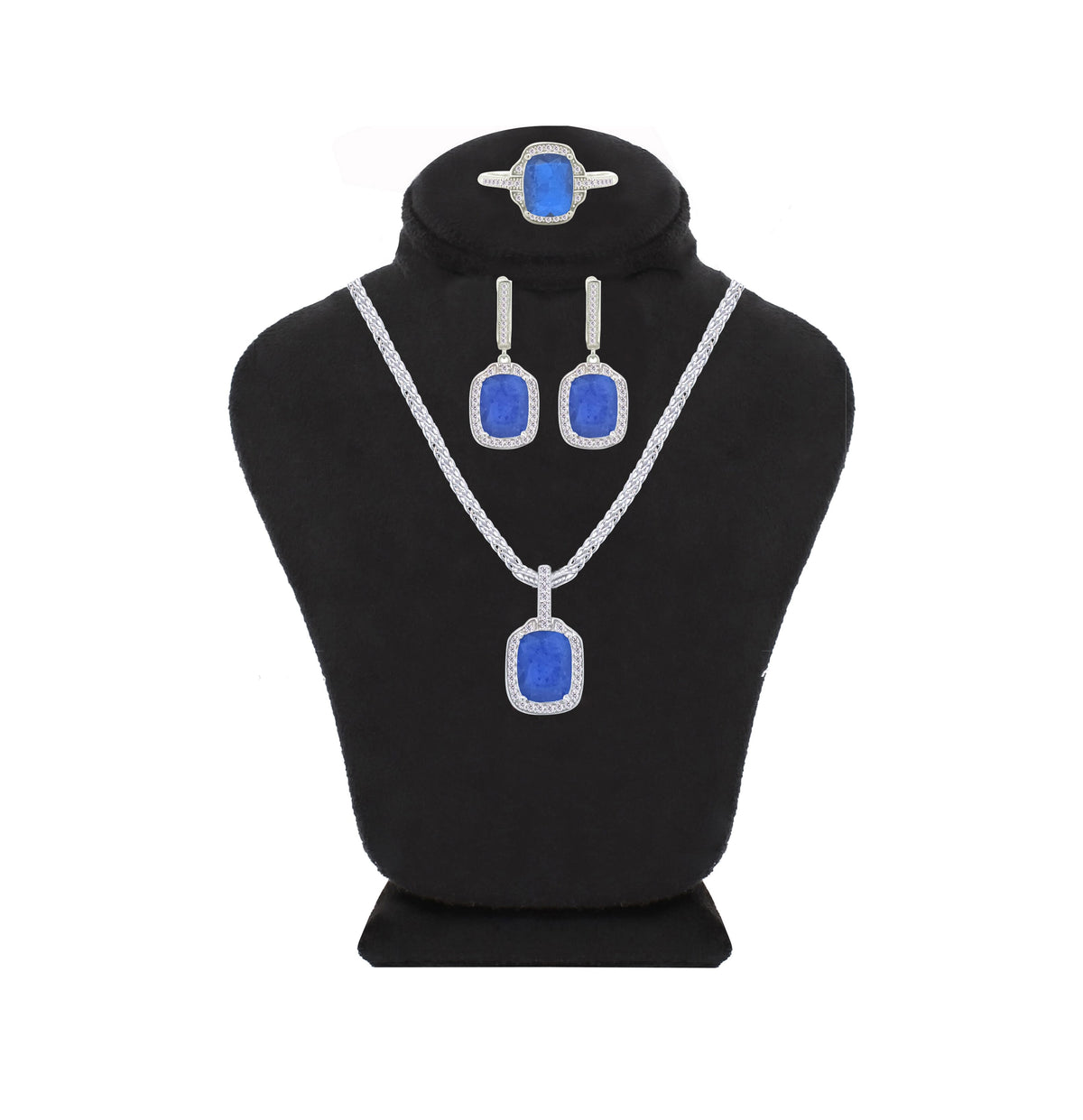 Asfour Crystal Jewelry Set With Blue Emerald Design In 925 Sterling Silver-SD0076-B-9