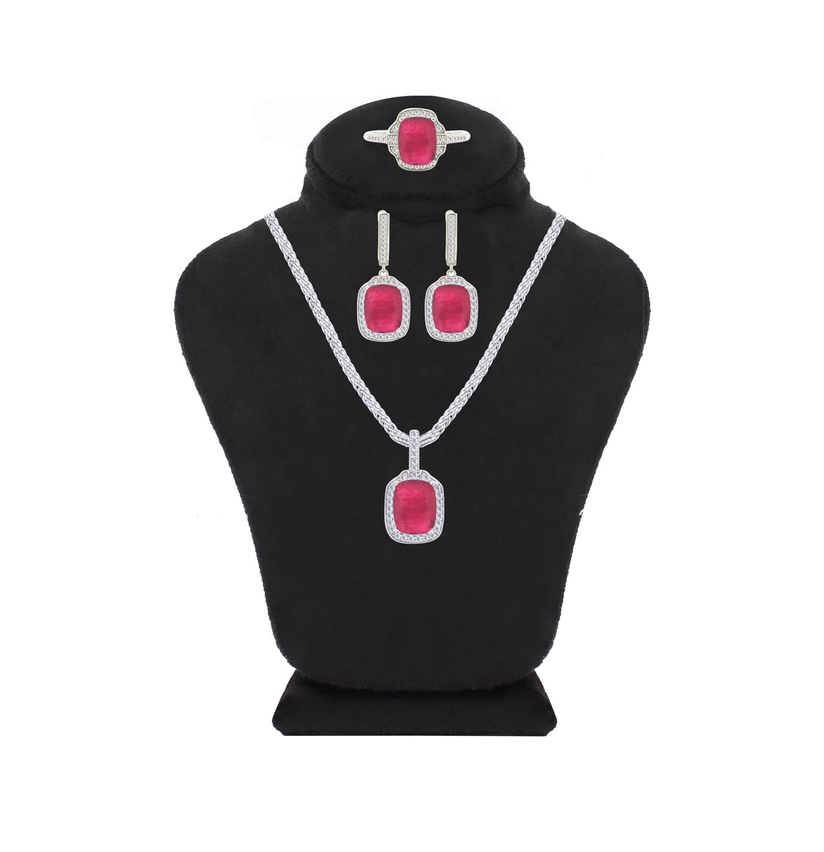 Asfour Crystal Jewelry Set With Fuchsia Emerald Design In 925 Sterling Silver-SD0076-F-9