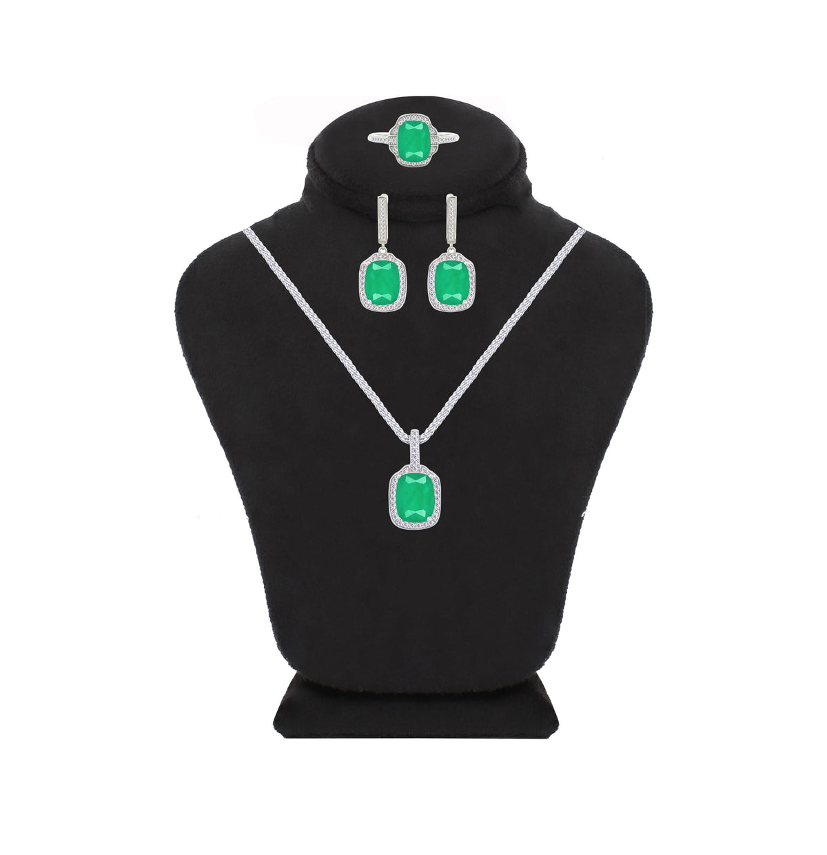Asfour Crystal Jewelry Set With Halo Emerald Design In 925 Sterling Silver-SD0076-G-8