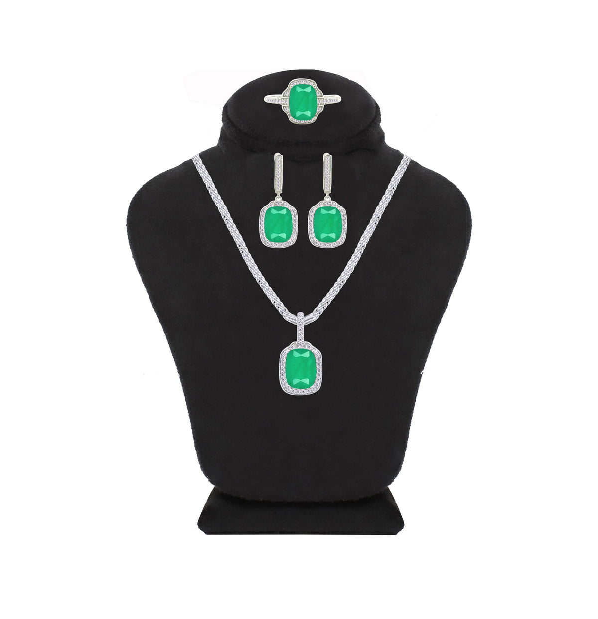 Asfour Crystal Jewelry Set With Halo Emerald Design In 925 Sterling Silver-SD0076-G-8