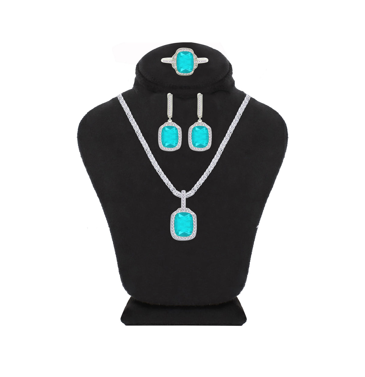 Asfour Crystal Jewelry Set With Turquoise Emerald Design In 925 Sterling Silver-SD0076-GC-8