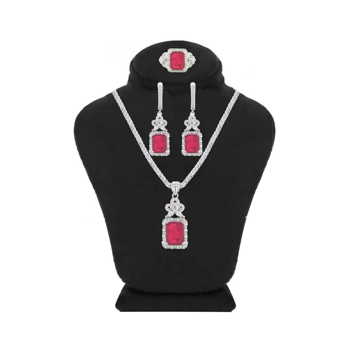 Asfour Crystal Jewelry Set With Fuchsia Emerald Design In 925 Sterling Silver-SD0077-F-9