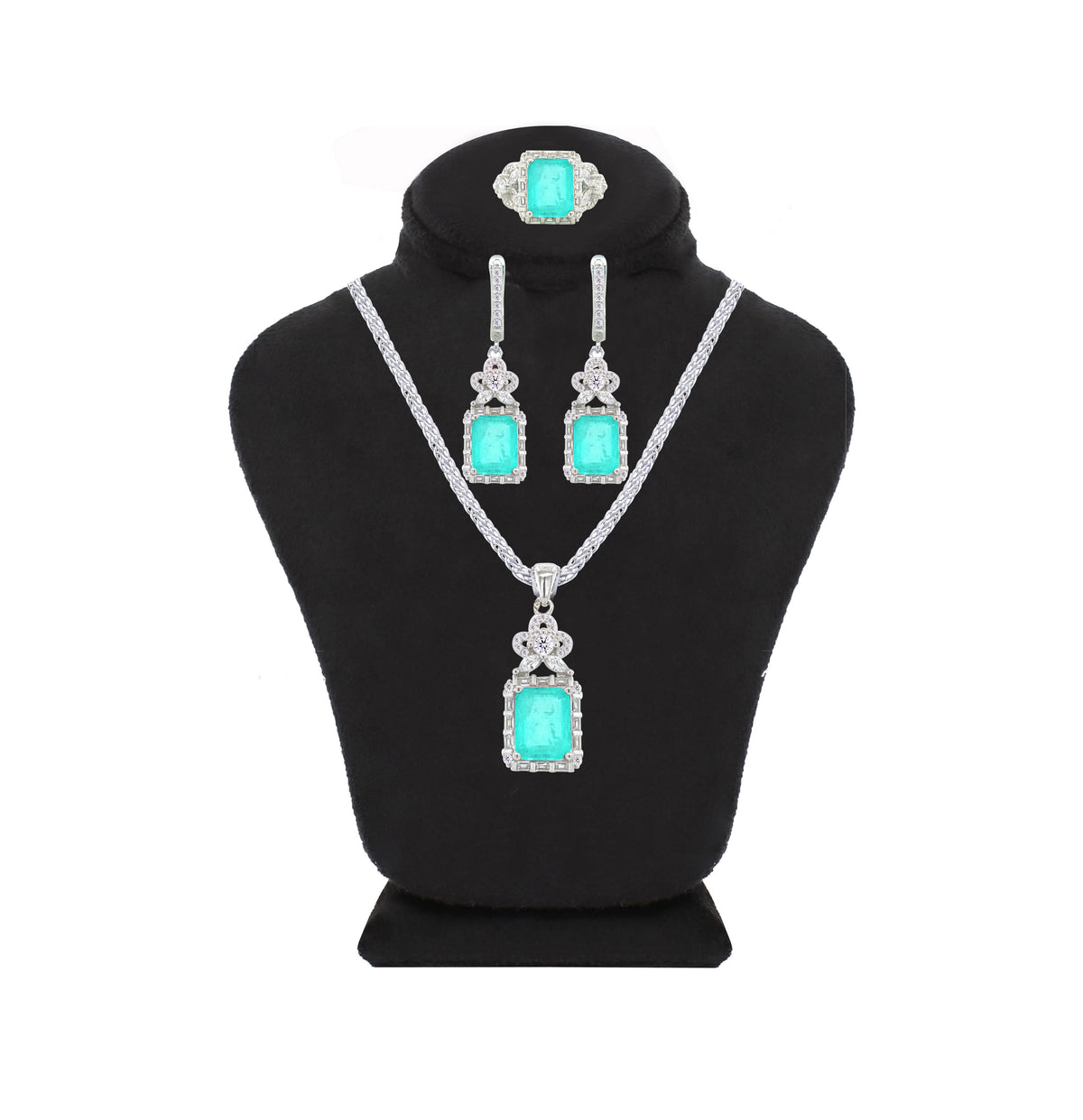 Asfour Crystal Jewelry Set With Light Turquoise Emerald Design In 925 Sterling Silver-SD0077-LGC-8