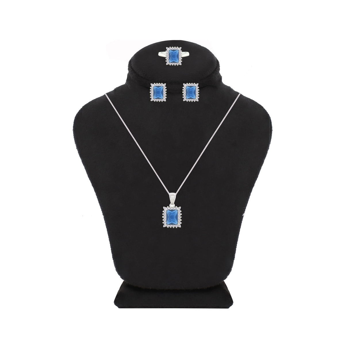 Asfour Crystal Jewelry Set With Blue Emerald Design In 925 Sterling Silver-SD0083-B-9