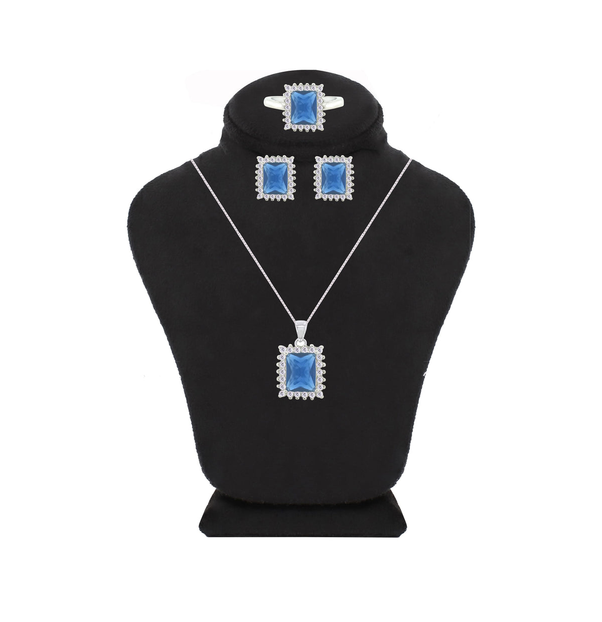 Asfour Crystal Jewelry Set With Blue Emerald Design In 925 Sterling Silver-SD0083-B-9