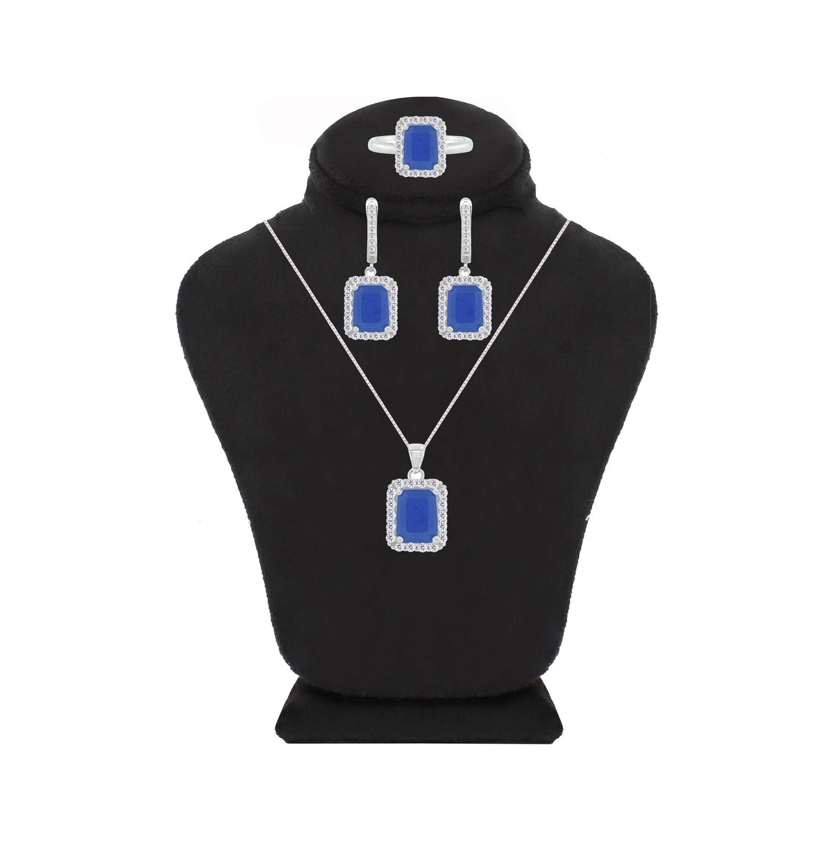 Asfour Crystal Jewelry Set With Blue Emerald Design In 925 Sterling Silver-SD0084-B-7