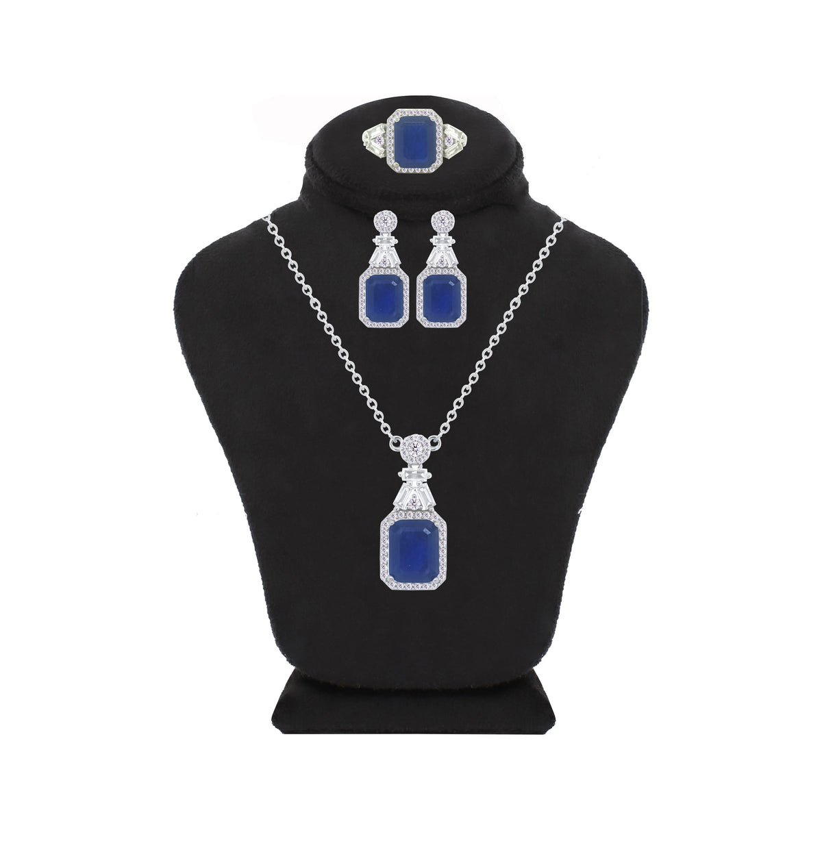 Asfour Crystal Jewelry Set With Blue Emerald Design In 925 Sterling Silver-SD0086-B-9