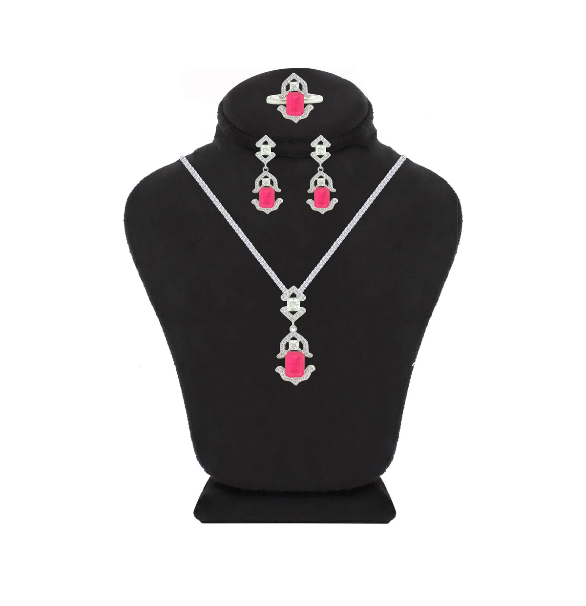 Asfour Crystal Jewelry Set With Art Deco Fuchsia Design In 925 Sterling Silver-SD0088-F-8