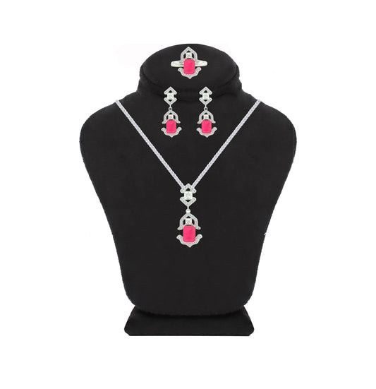 Asfour Crystal Jewelry Set With Art Deco Fuchsia Design In 925 Sterling Silver-SD0088-F-8