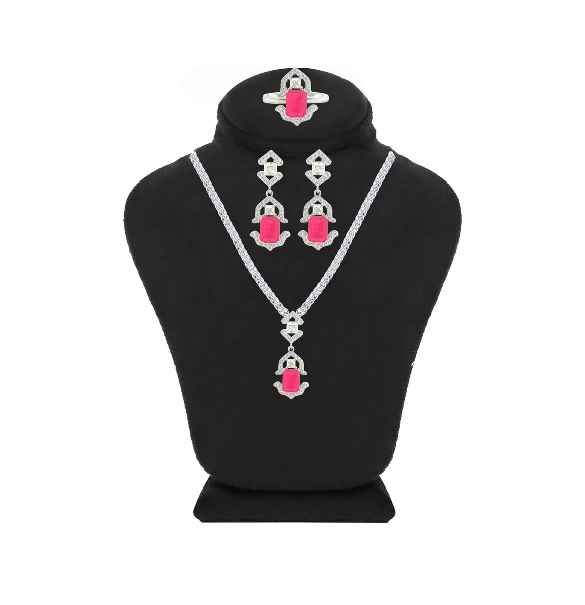 Asfour Crystal Jewelry Set With Art Deco Fuchsia Design In 925 Sterling Silver-SD0088-F-8