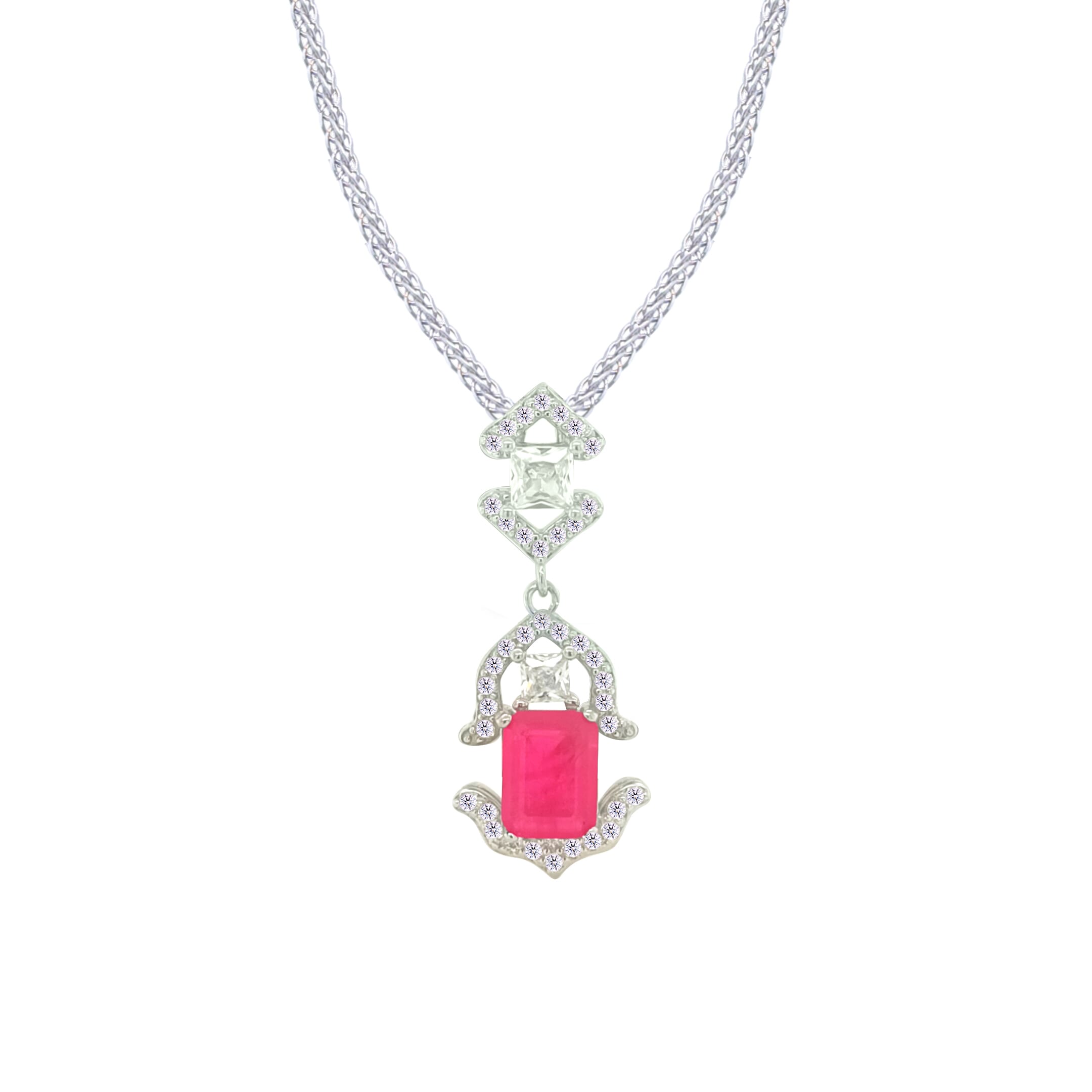 Asfour Crystal Jewelry Set With Art Deco Fuchsia Design In 925 Sterling Silver-SD0088-F-8