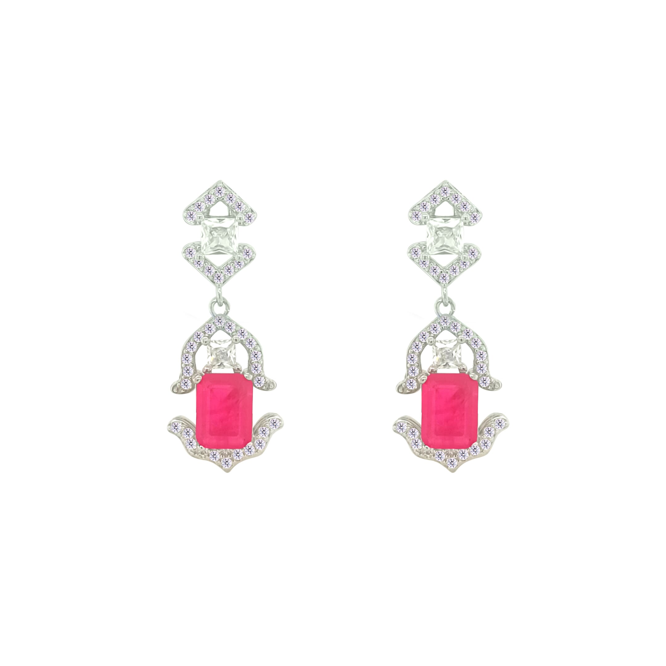 Asfour Crystal Jewelry Set With Art Deco Fuchsia Design In 925 Sterling Silver-SD0088-F-8