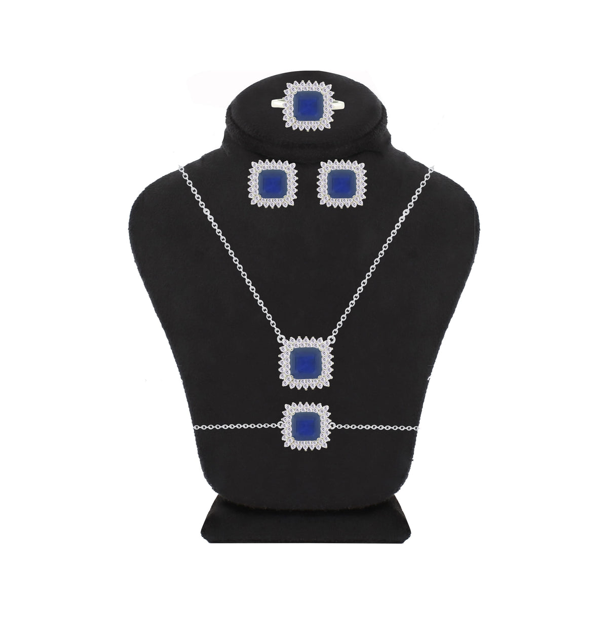 Asfour Crystal Jewelry Set With Blue Square Design In 925 Sterling Silver-SD0089-B-8