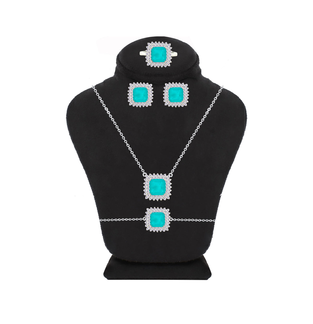 Asfour Crystal Jewelry Set With Turquoise Square Design In 925 Sterling Silver-SD0089-GC-9