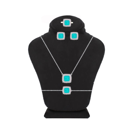 Asfour Crystal Jewelry Set With Turquoise Square Design In 925 Sterling Silver-SD0089-GC-9