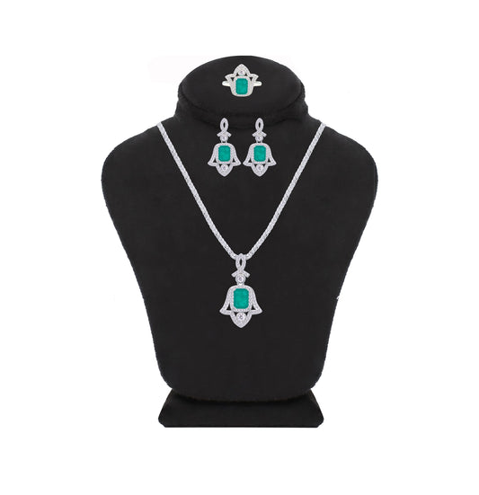 Asfour Crystal Jewelry Set With Decorative Emerald Hamsa Design In 925 Sterling Silver-SD0100-G-7