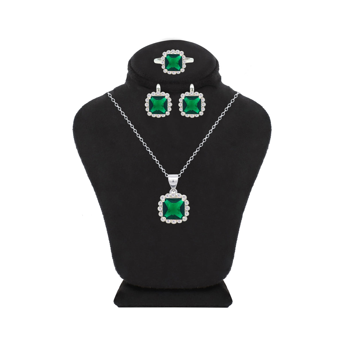 Asfour Crystal Jewelry Set With Emerald Square Design In 925 Sterling Silver-SD0108-G-7