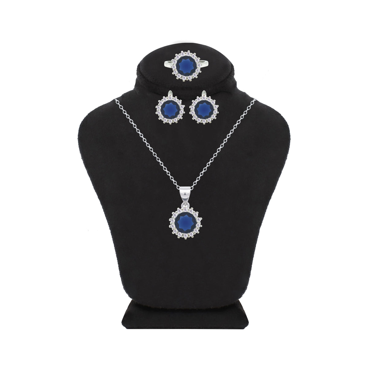 Asfour Crystal Jewelry Set With Halo Blue Round Design In 925 Sterling Silver-SD0113-B-7