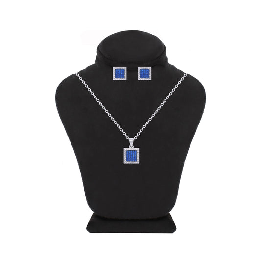 Asfour Crystal Jewelry Set With Blue Square Design In 925 Sterling Silver-SD0122-B