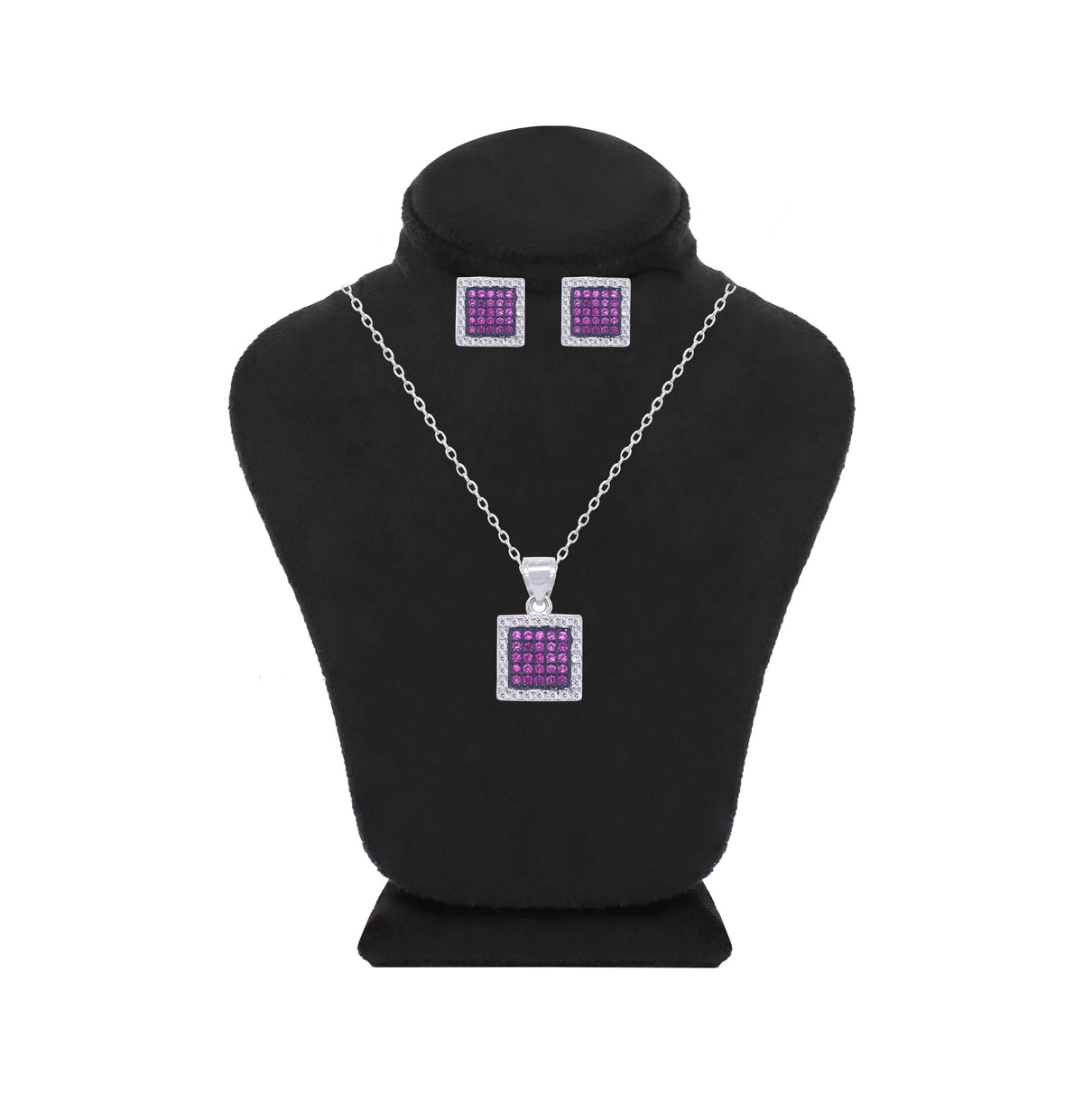 Asfour Crystal Jewelry Set With Fuchsia Square Design In 925 Sterling Silver-SD0122-F
