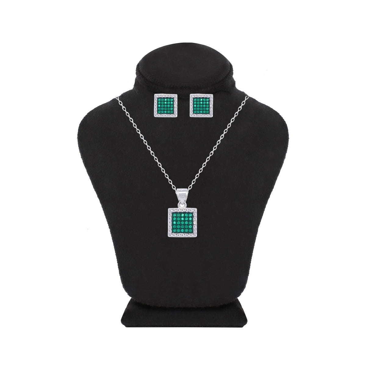 Asfour Crystal Jewelry Set With Emerald Square Design In 925 Sterling Silver-SD0122-G