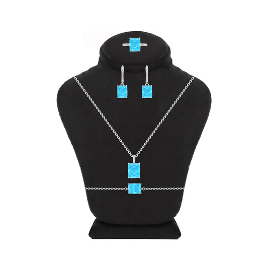 Asfour Crystal Jewelry Set With Aquamarine Emerald Design In 925 Sterling Silver-SD0131-M-9