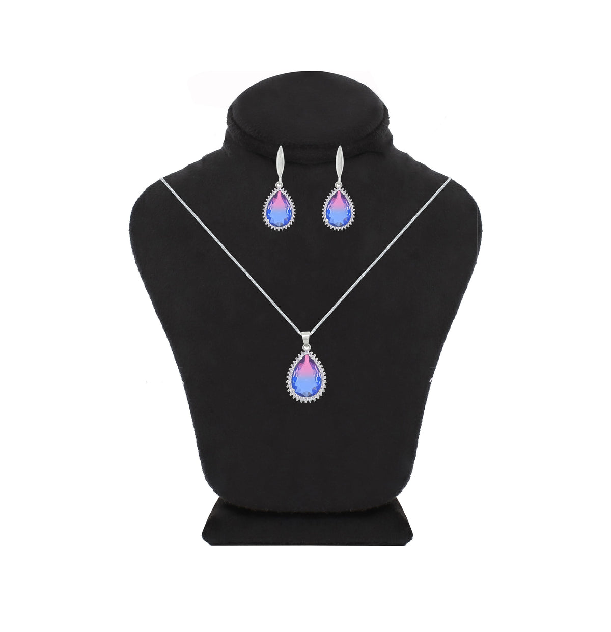 Asfour Crystal Jewelry Set With Blue & Rose Pear Design In 925 Sterling Silver-SD0133-A-BXO