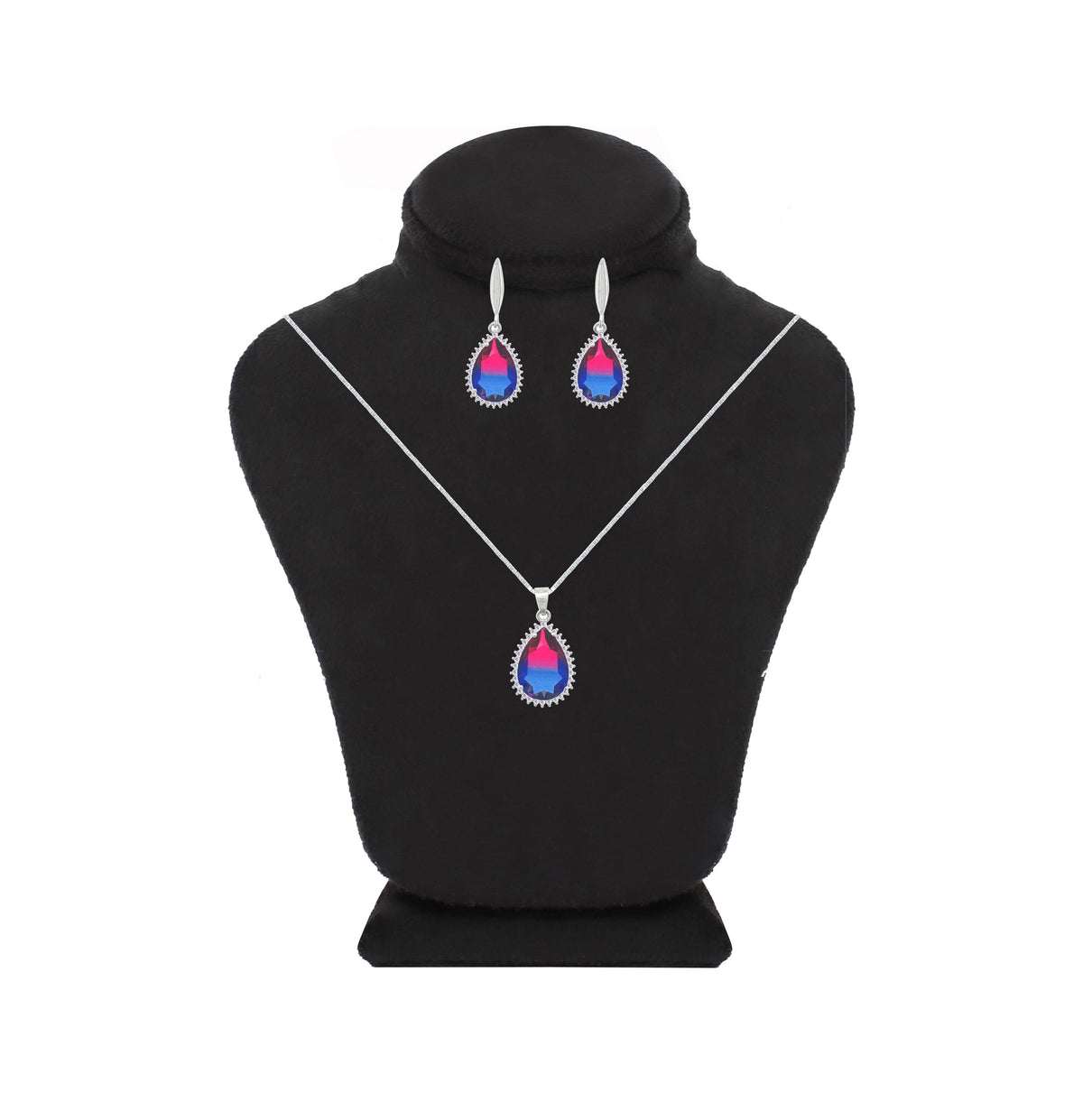 Asfour Crystal Jewelry Set With Fuchsia & Blue Pear Design In 925 Sterling Silver-SD0133-A-FXB