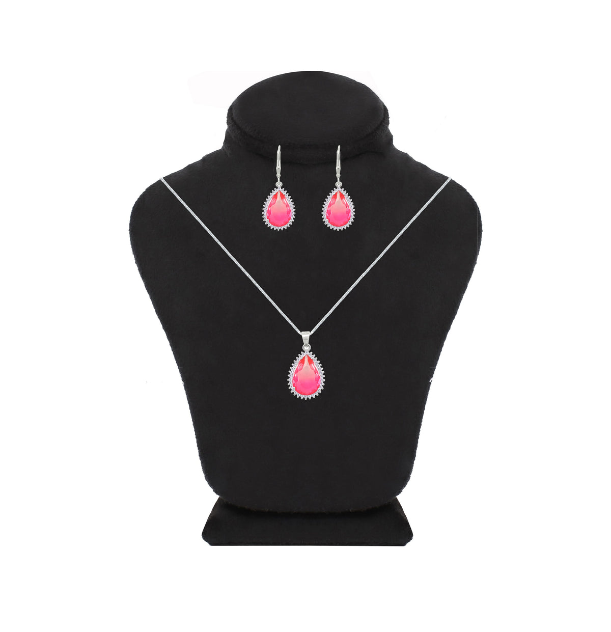 Asfour Crystal Jewelry Set With Fuchsia Pear Design In 925 Sterling Silver-SD0133-FXLF