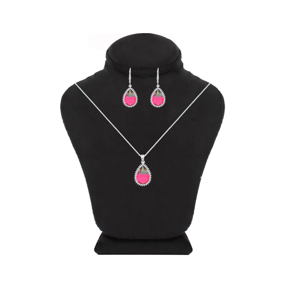 Asfour Crystal Jewelry Set With Fuchsia & Green Pear Design In 925 Sterling Silver-SD0133-GXF
