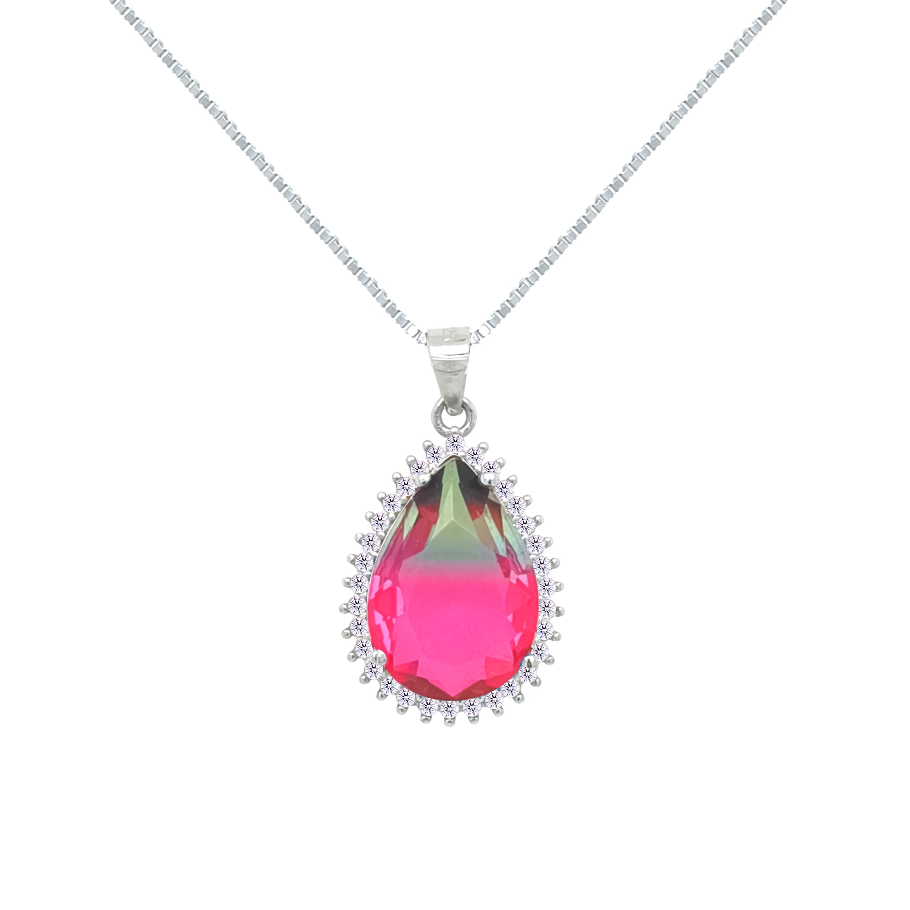 Asfour Crystal Jewelry Set With Fuchsia & Green Pear Design In 925 Sterling Silver-SD0133-GXF