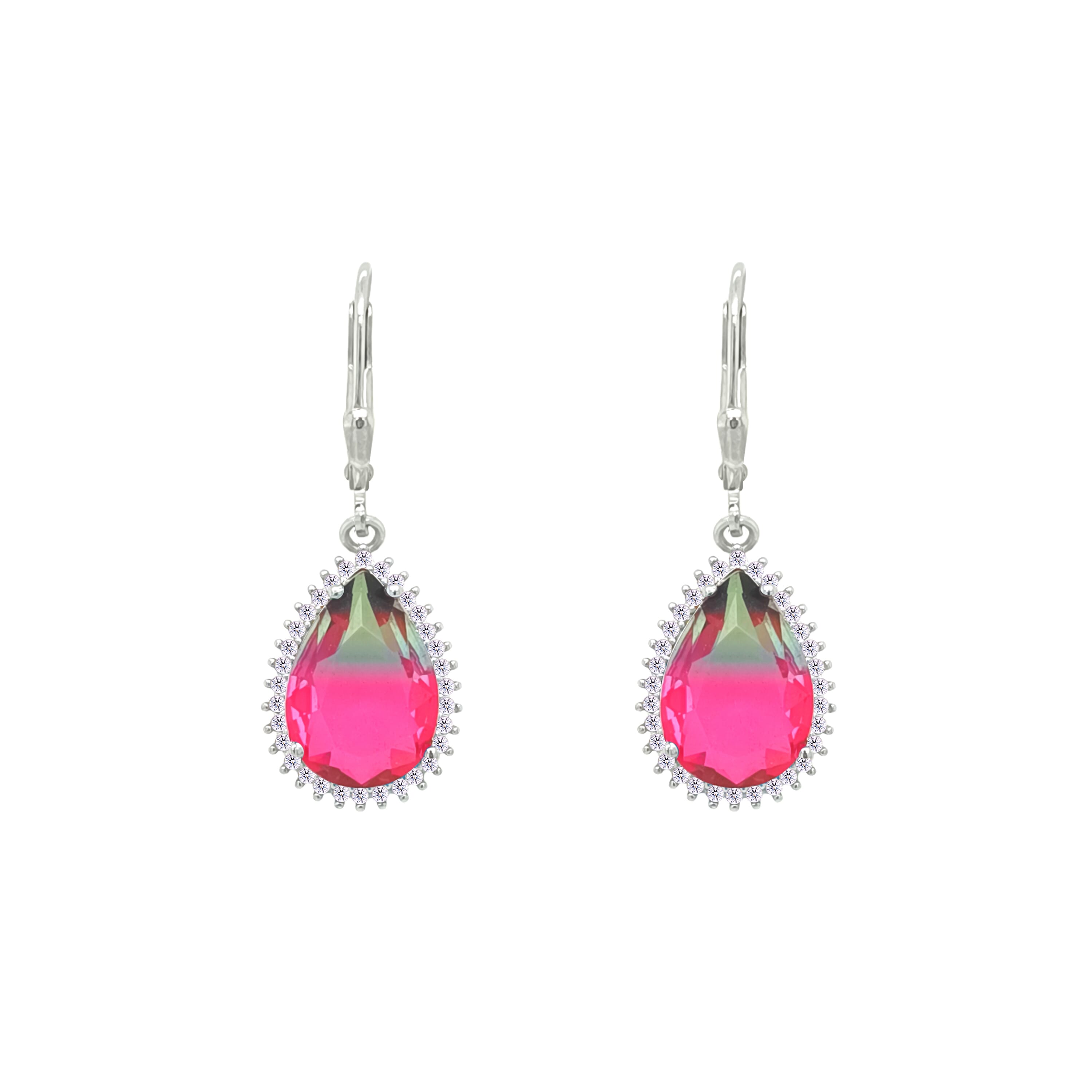 Asfour Crystal Jewelry Set With Fuchsia & Green Pear Design In 925 Sterling Silver-SD0133-GXF